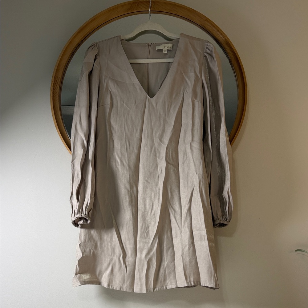 Pinch‎ V-Neck Puff Sleeve Midi Dress in Light Beige